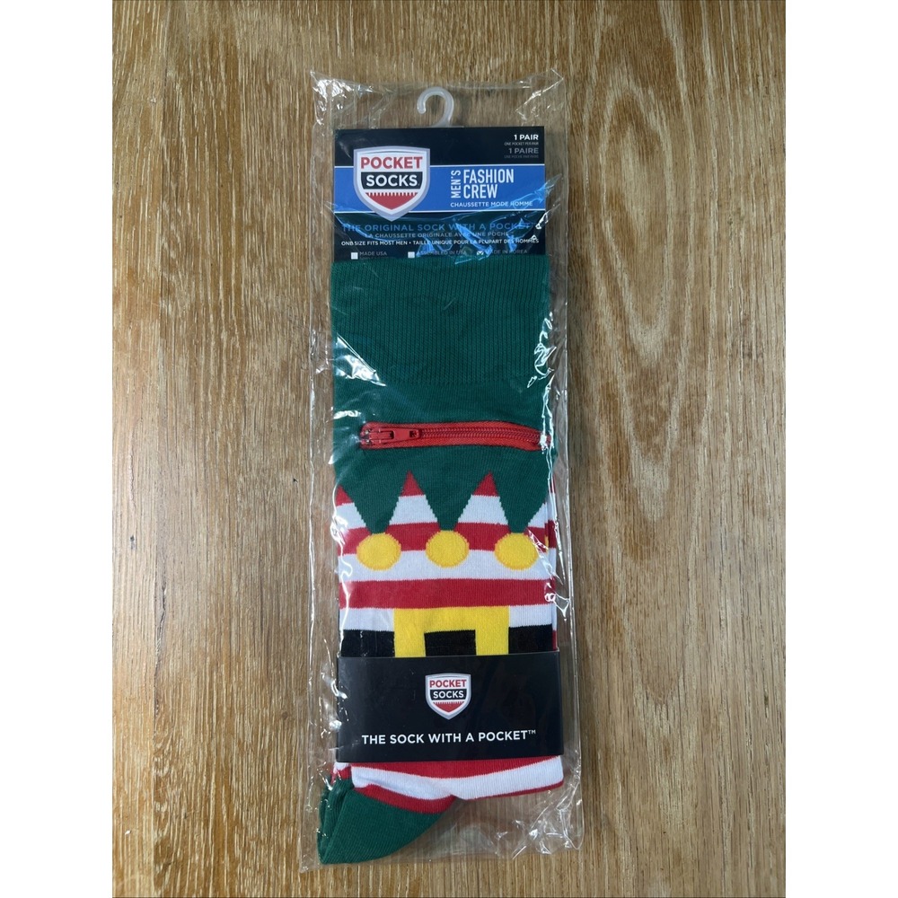 Pocket Socks Men's Large Crew - Elf Christmas‎ Zipper Gag Gift